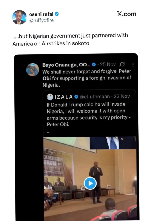 The Nigerian government partnered with America on airstrikes in Sokoto - Media personality calls out President Tinubuâ€™s media aide Bayo Onanuga after past criticism of  Peter Obi